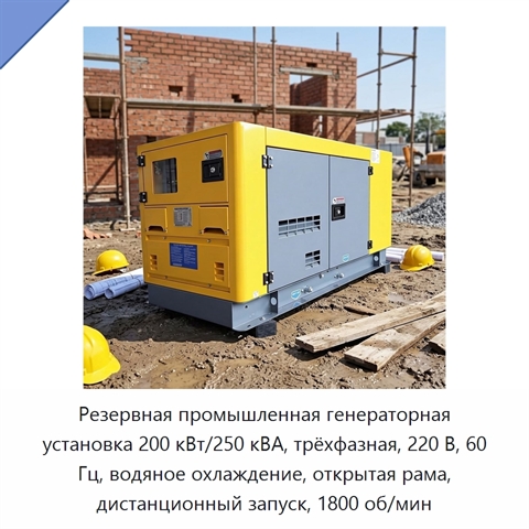 Резервная промышленная генераторная установка 200 кВт/250 кВА, трёхфазная, 220 В, 60 Гц, водяное охлаждение, открытая рама, дистанционный запуск, 1800 об/мин