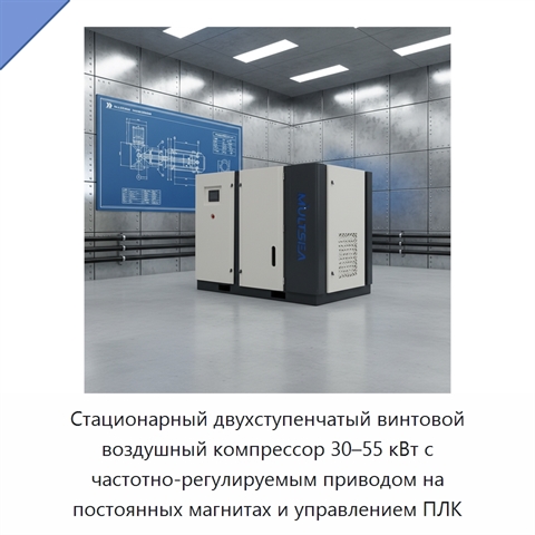 Стационарный двухступенчатый винтовой воздушный компрессор 30–55 кВт с частотно-регулируемым приводом на постоянных магнитах и управлением ПЛК