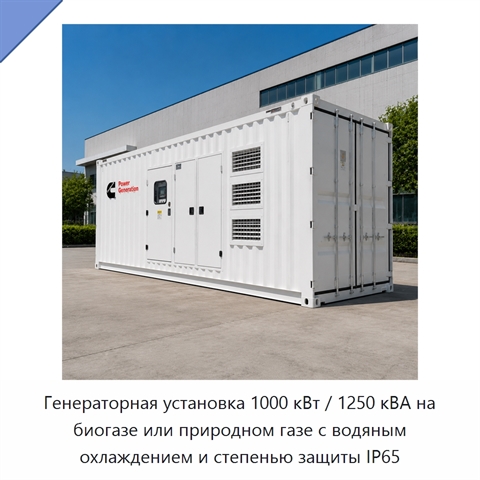 Генераторная установка 1000 кВт / 1250 кВА на биогазе или природном газе с водяным охлаждением и степенью защиты IP65