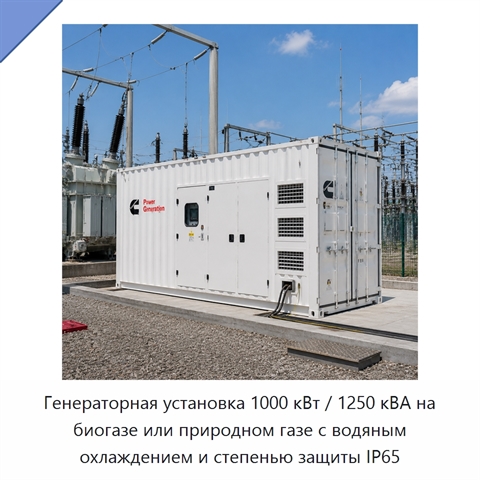 Генераторная установка 1000 кВт / 1250 кВА на биогазе или природном газе с водяным охлаждением и степенью защиты IP65