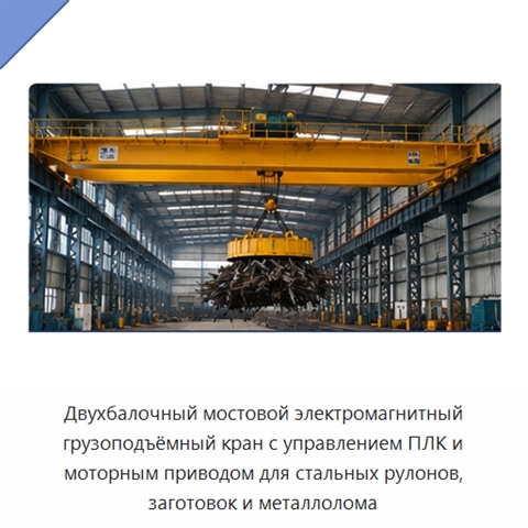 Двухбалочный мостовой электромагнитный грузоподъёмный кран с управлением ПЛК и моторным приводом для стальных рулонов, заготовок и металлолома