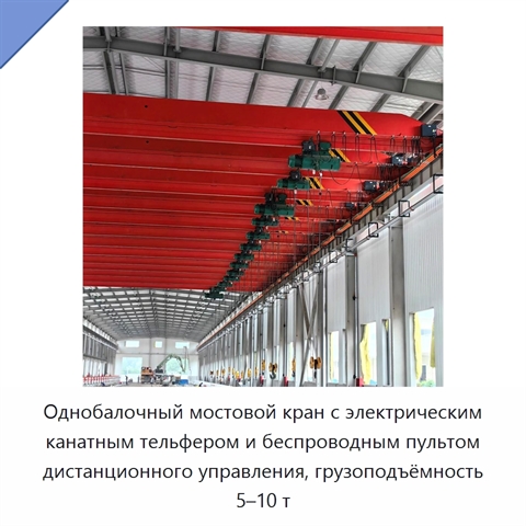 Однобалочный мостовой кран с электрическим канатным тельфером и беспроводным пультом дистанционного управления, грузоподъёмность 5–10 т