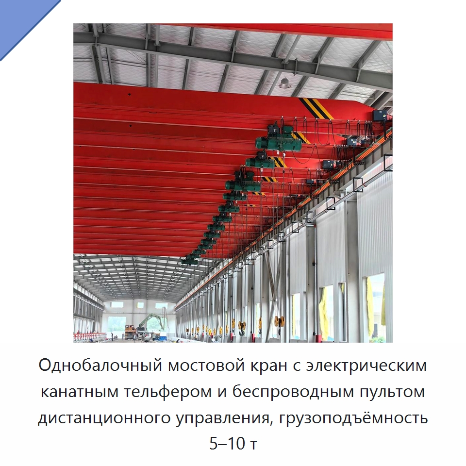 Однобалочный мостовой кран с электрическим канатным тельфером и беспроводным пультом дистанционного управления, грузоподъёмность 5–10 т — Краны
