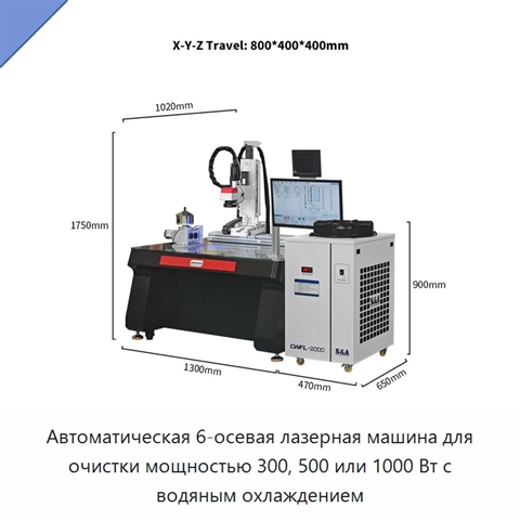 Автоматическая 6-осевая лазерная машина для очистки мощностью 300, 500 или 1000 Вт с водяным охлаждением