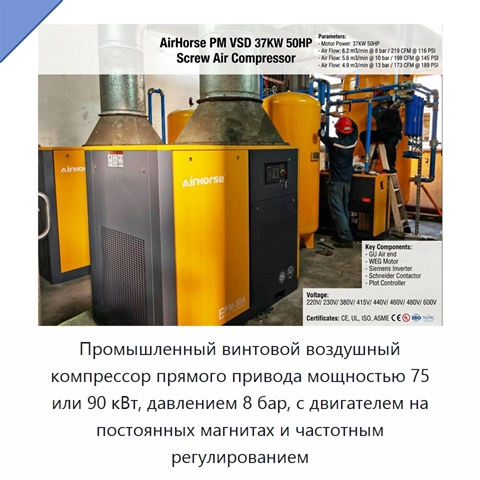 Промышленный винтовой воздушный компрессор прямого привода мощностью 75 или 90 кВт, давлением 8 бар, с двигателем на постоянных магнитах и частотным регулированием