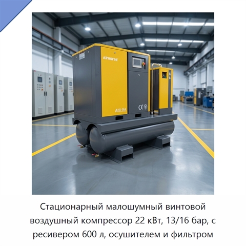 Стационарный малошумный винтовой воздушный компрессор 22 кВт, 13/16 бар, с ресивером 600 л, осушителем и фильтром