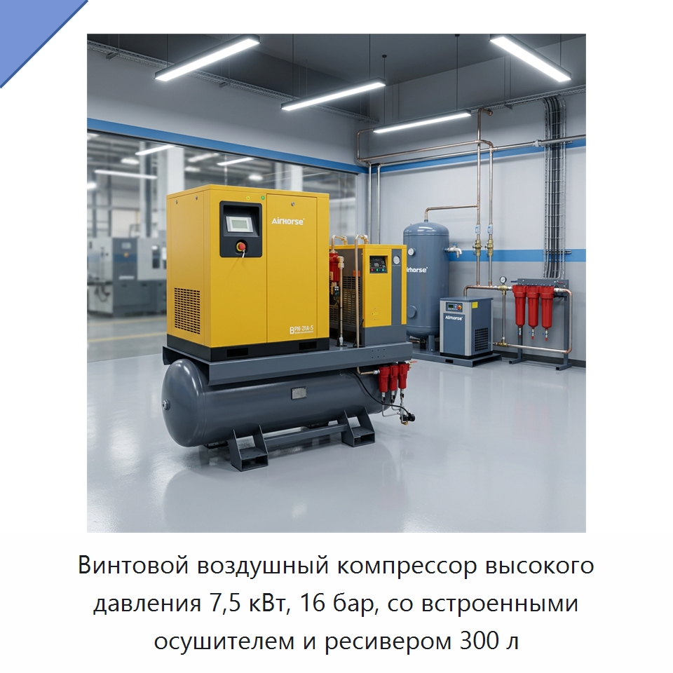 Винтовой воздушный компрессор высокого давления 7,5 кВт, 16 бар, со встроенными осушителем и ресивером 300 л — Промышленные компрессоры