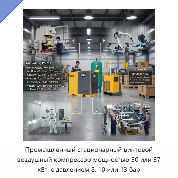 Промышленный стационарный винтовой воздушный компрессор мощностью 30 или 37 кВт, с давлением 8, 10 или 13 бар — Промышленные компрессоры