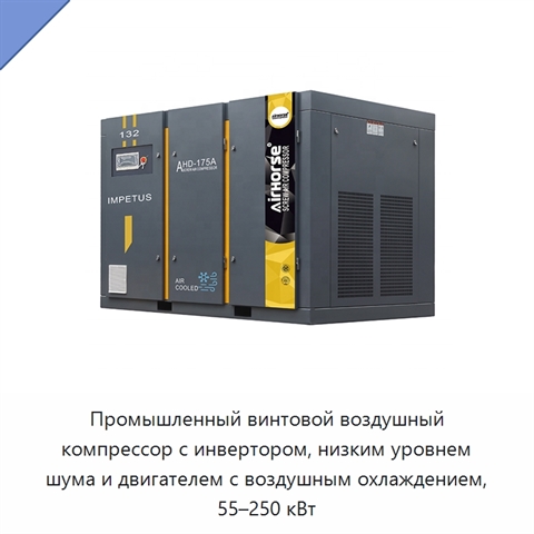 Промышленный винтовой воздушный компрессор с инвертором, низким уровнем шума и двигателем с воздушным охлаждением, 55–250 кВт