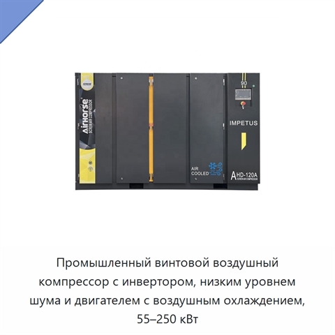 Промышленный винтовой воздушный компрессор с инвертором, низким уровнем шума и двигателем с воздушным охлаждением, 55–250 кВт