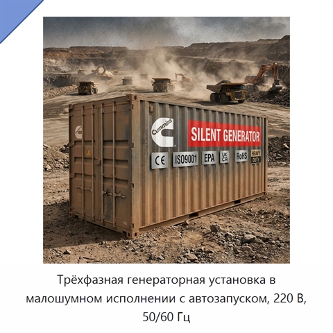 Трёхфазная генераторная установка в малошумном исполнении с автозапуском, 220 В, 50/60 Гц