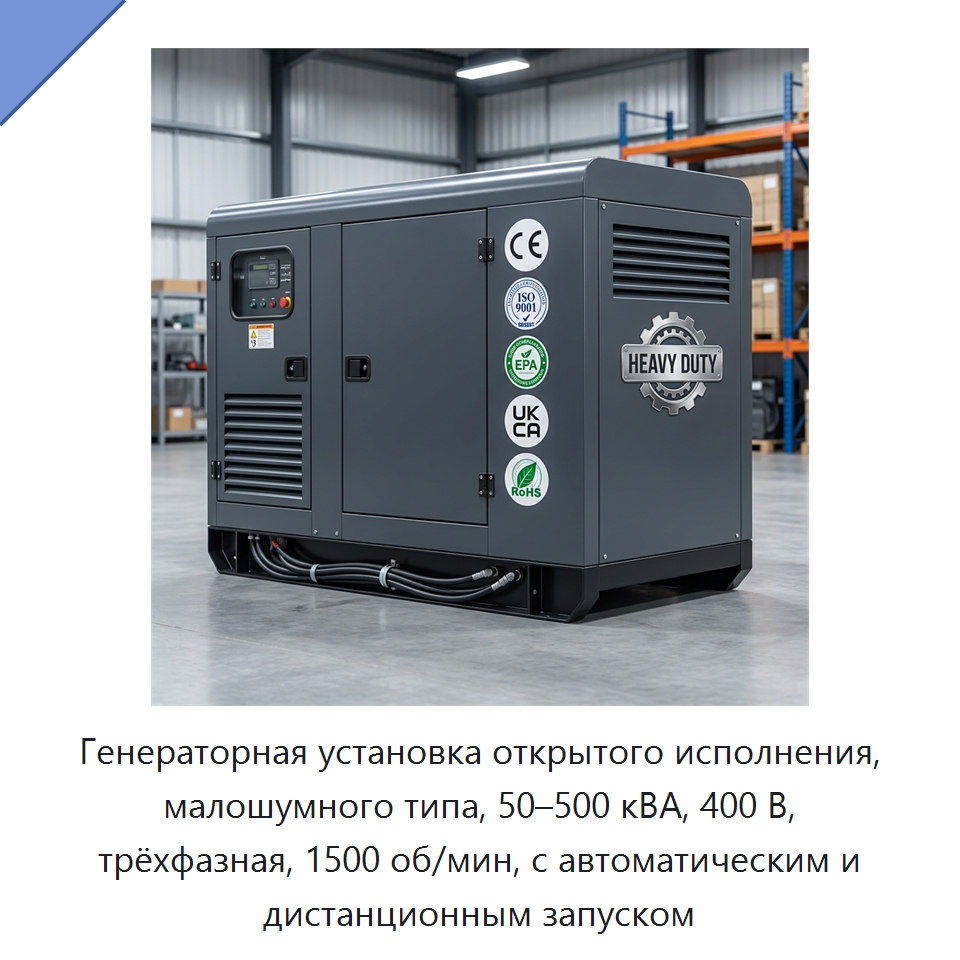 Генераторная установка открытого исполнения, малошумного типа, 50–500 кВА, 400 В, трёхфазная, 1500 об/мин, с автоматическим и дистанционным запуском — Генерация электроэнергии