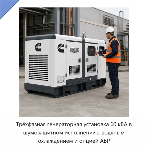 Трёхфазная генераторная установка 60 кВА в шумозащитном исполнении с водяным охлаждением и опцией АВР