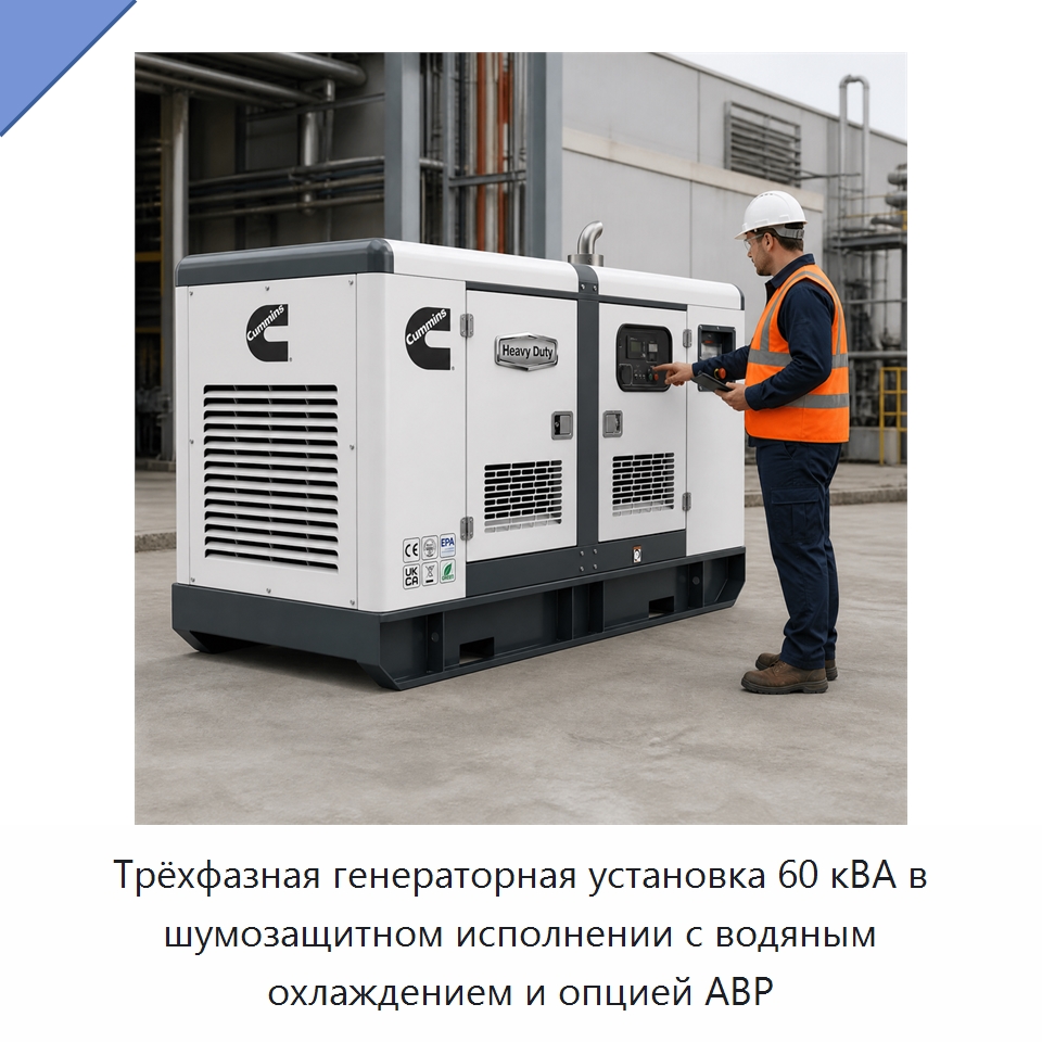 Трёхфазная генераторная установка 60 кВА в шумозащитном исполнении с водяным охлаждением и опцией АВР — Генерация электроэнергии