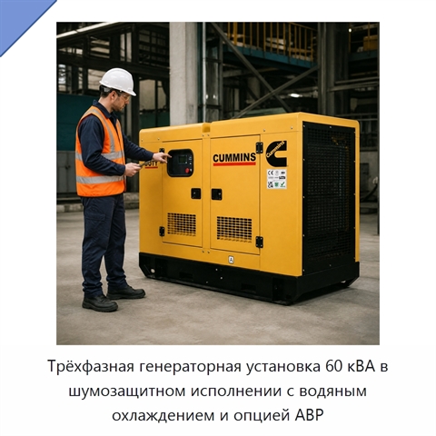 Трёхфазная генераторная установка 60 кВА в шумозащитном исполнении с водяным охлаждением и опцией АВР