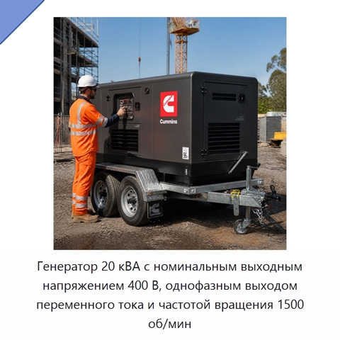 Генератор 20 кВА с номинальным выходным напряжением 400 В, однофазным выходом переменного тока и частотой вращения 1500 об/мин