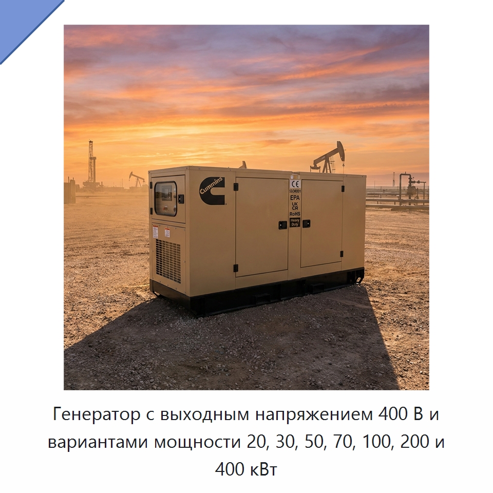 Генератор с выходным напряжением 400 В и вариантами мощности 20, 30, 50, 70, 100, 200 и 400 кВт — Генерация электроэнергии