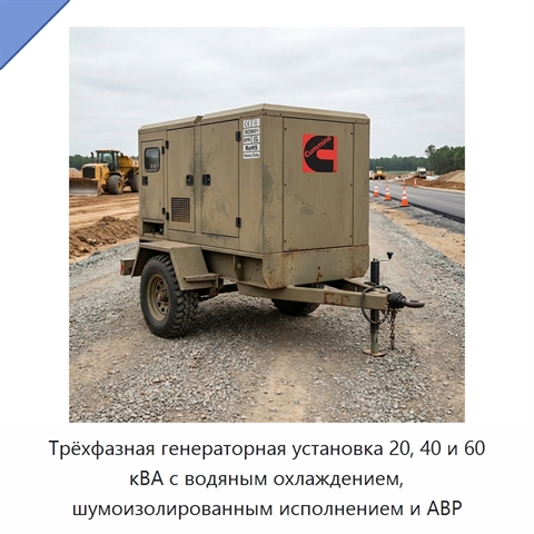 Трёхфазная генераторная установка 20, 40 и 60 кВА с водяным охлаждением, шумоизолированным исполнением и АВР