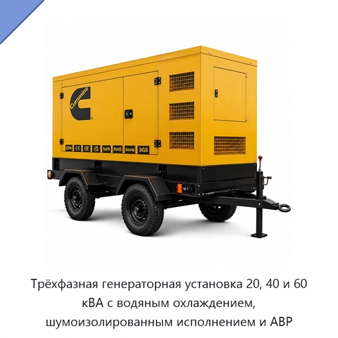 Трёхфазная генераторная установка 20, 40 и 60 кВА с водяным охлаждением, шумоизолированным исполнением и АВР