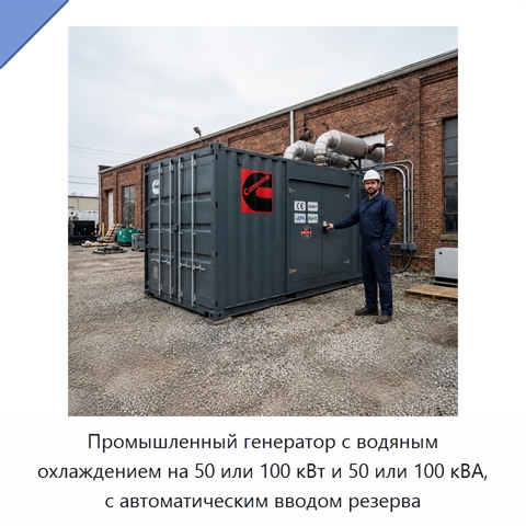 Промышленный генератор с водяным охлаждением на 50 или 100 кВт и 50 или 100 кВА, с автоматическим вводом резерва