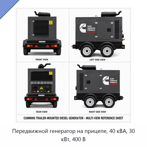 Передвижной генератор на прицепе, 40 кВА, 30 кВт, 400 В