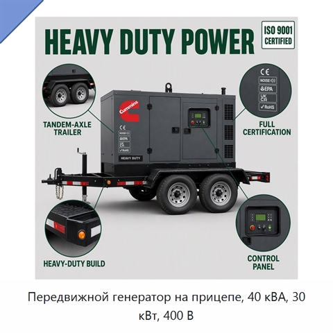 Передвижной генератор на прицепе, 40 кВА, 30 кВт, 400 В