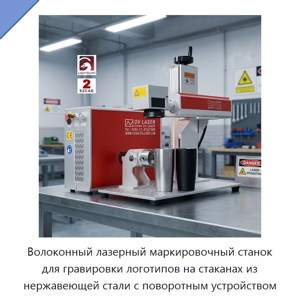 Волоконный лазерный маркировочный станок для гравировки логотипов на стаканах из нержавеющей стали с поворотным устройством — Лазерные маркировочные станки