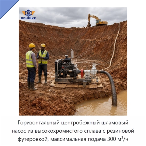 Горизонтальный центробежный шламовый насос из высокохромистого сплава с резиновой футеровкой, максимальная подача 300 м³/ч