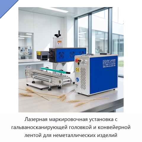 Лазерная маркировочная установка с гальваносканирующей головкой и конвейерной лентой для неметаллических изделий