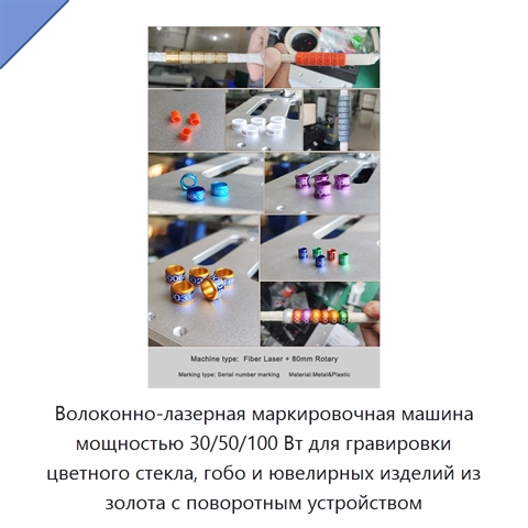 Волоконно-лазерная маркировочная машина мощностью 30/50/100 Вт для гравировки цветного стекла, гобо и ювелирных изделий из золота с поворотным устройством