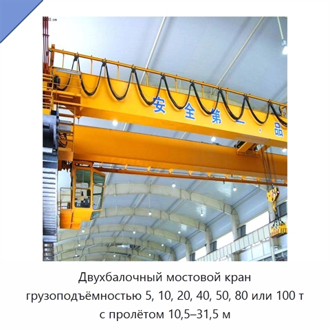 Двухбалочный мостовой кран грузоподъёмностью 5, 10, 20, 40, 50, 80 или 100 т с пролётом 10,5–31,5 м