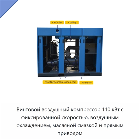 Винтовой воздушный компрессор 110 кВт с фиксированной скоростью, воздушным охлаждением, масляной смазкой и прямым приводом