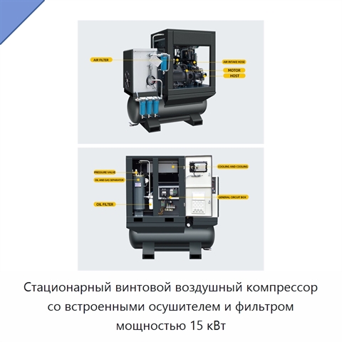 Стационарный винтовой воздушный компрессор со встроенными осушителем и фильтром мощностью 15 кВт