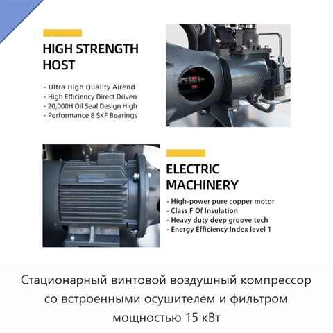 Стационарный винтовой воздушный компрессор со встроенными осушителем и фильтром мощностью 15 кВт