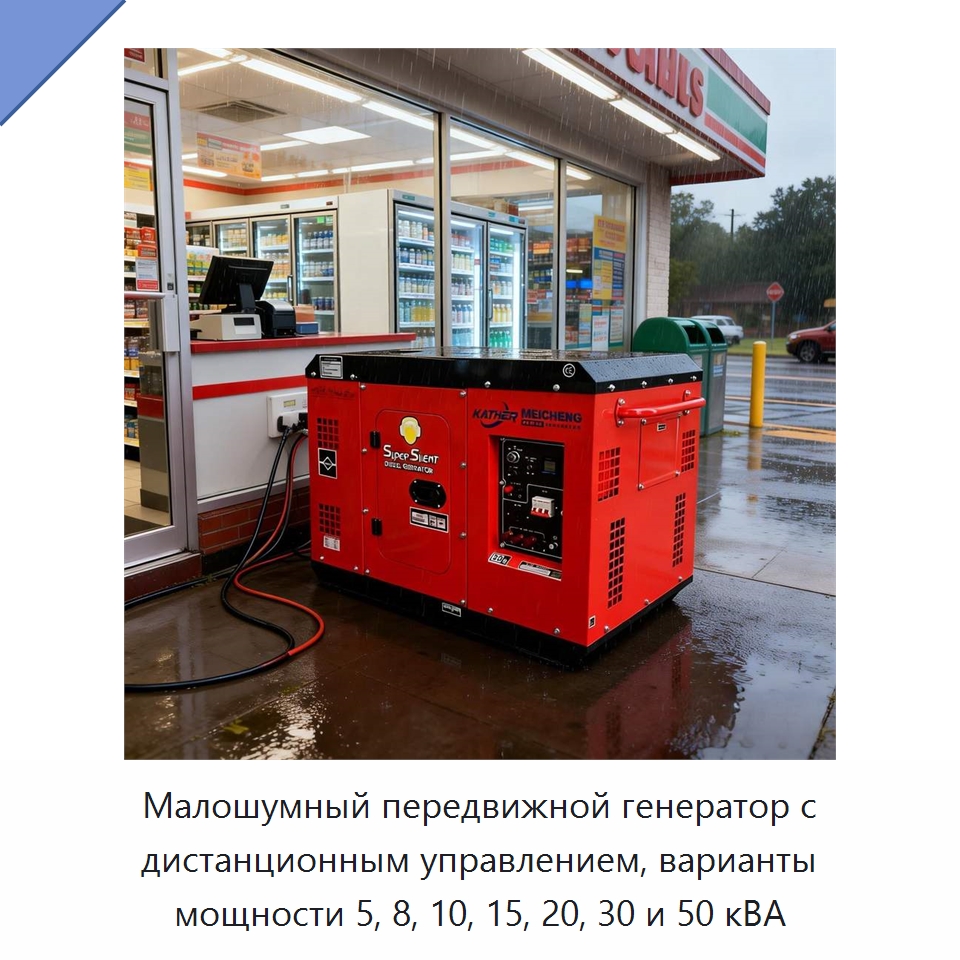 Малошумный передвижной генератор с дистанционным управлением, варианты мощности 5, 8, 10, 15, 20, 30 и 50 кВА — Дизельные генераторы