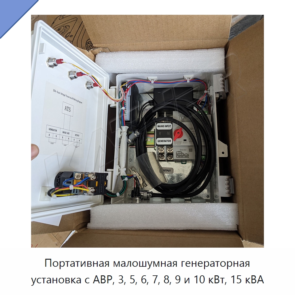 Портативная малошумная генераторная установка с АВР, 3, 5, 6, 7, 8, 9 и 10 кВт, 15 кВА