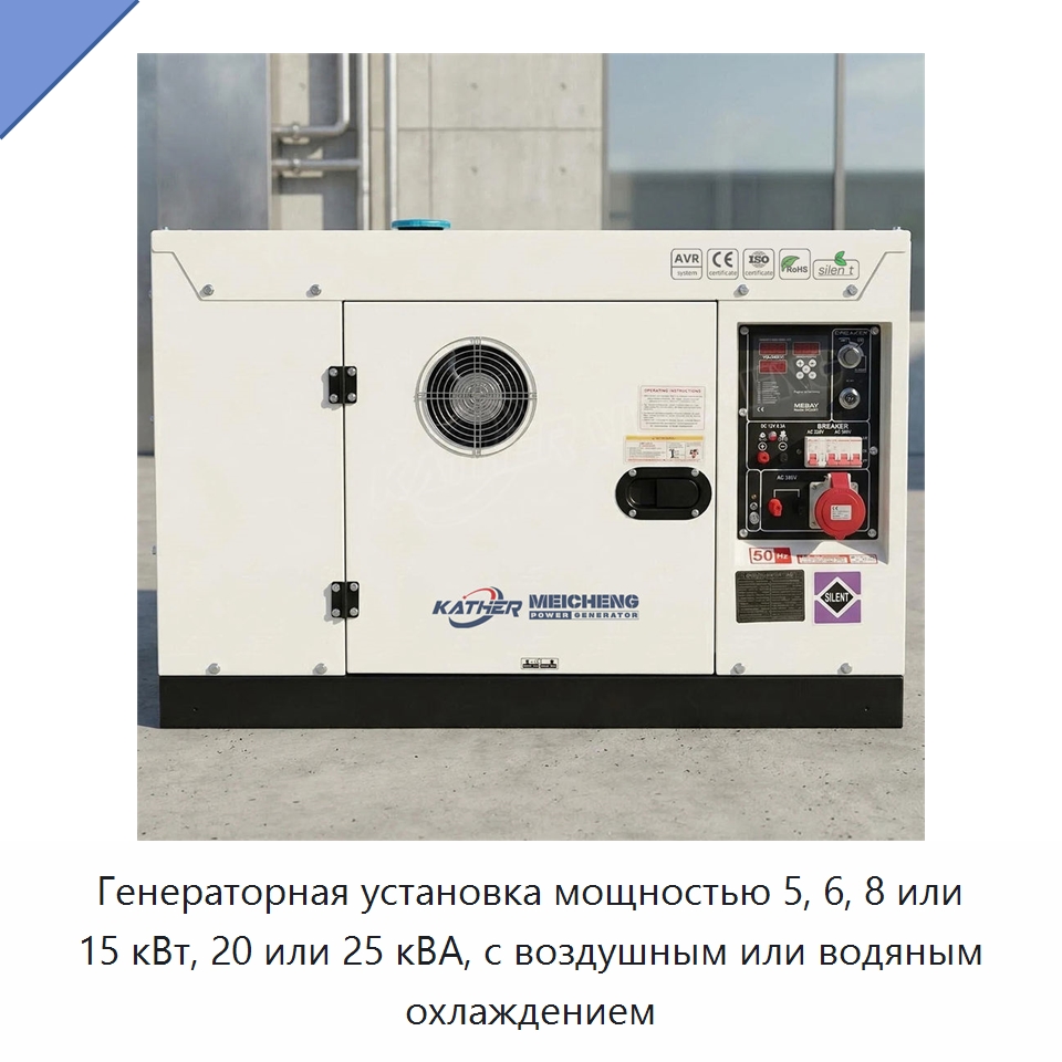 Генераторная установка мощностью 5, 6, 8 или 15 кВт, 20 или 25 кВА, с воздушным или водяным охлаждением — Дизельные генераторы