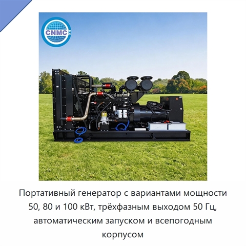 Портативный генератор с вариантами мощности 50, 80 и 100 кВт, трёхфазным выходом 50 Гц, автоматическим запуском и всепогодным корпусом