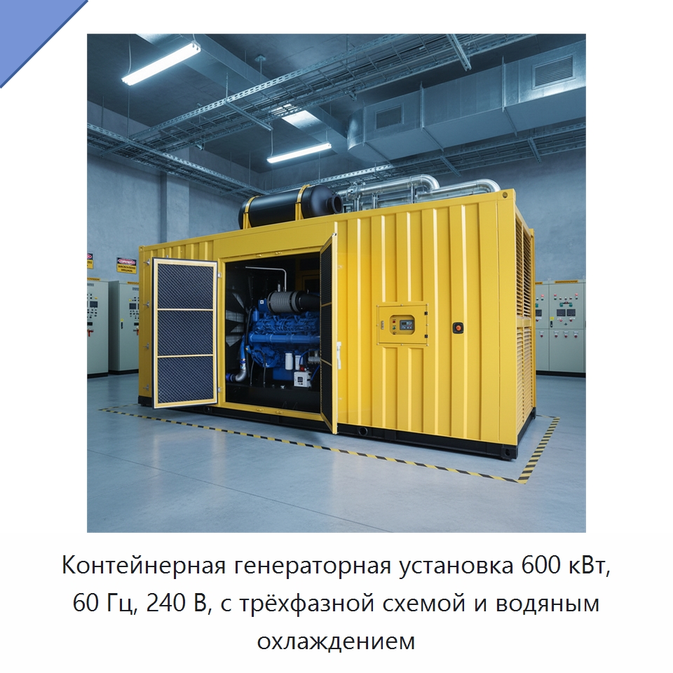 Контейнерная генераторная установка 600 кВт, 60 Гц, 240 В, с трёхфазной схемой и водяным охлаждением — Дизельные генераторы
