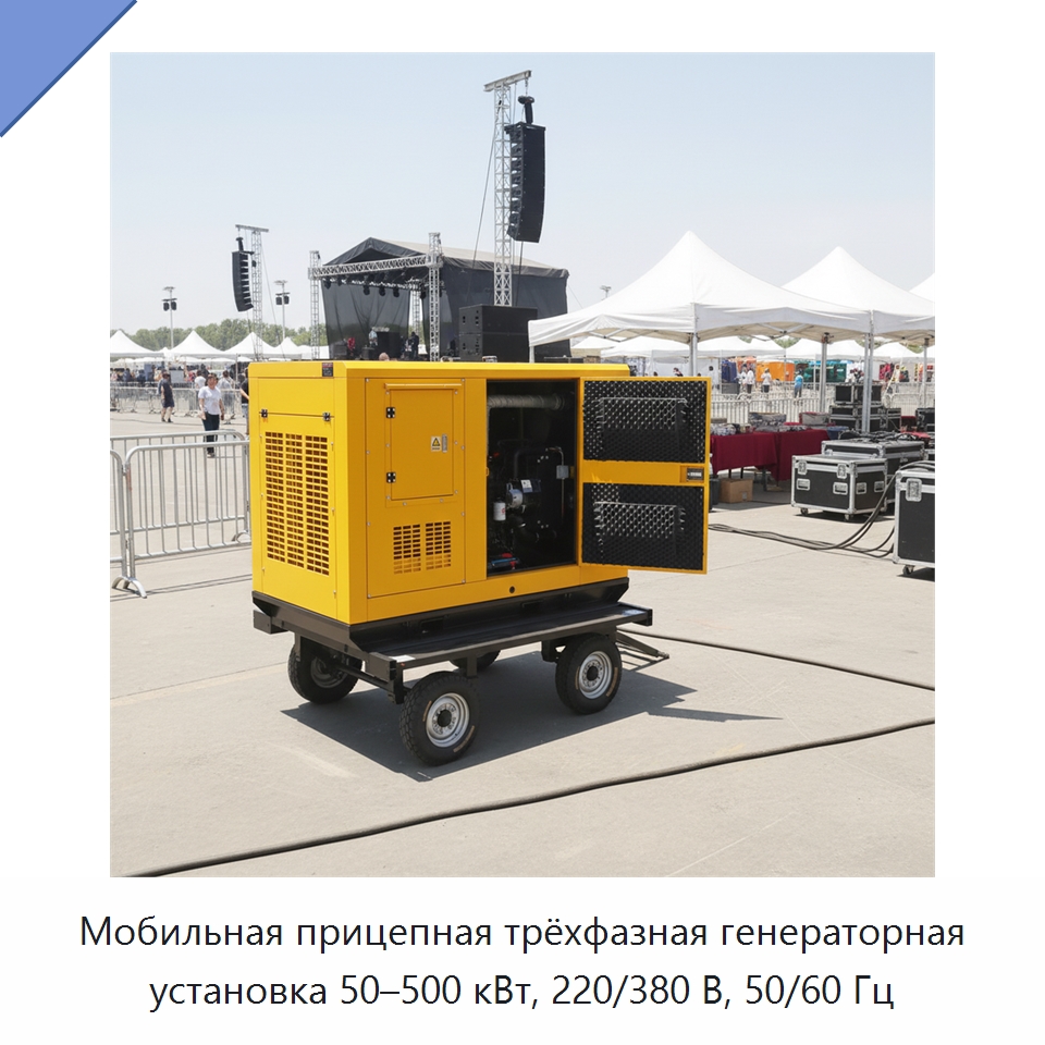 Мобильная прицепная трёхфазная генераторная установка 50–500 кВт, 220/380 В, 50/60 Гц