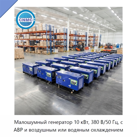 Малошумный генератор 10 кВт, 380 В/50 Гц, с АВР и воздушным или водяным охлаждением