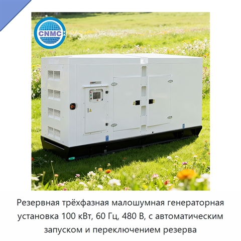 Резервная трёхфазная малошумная генераторная установка 100 кВт, 60 Гц, 480 В, с автоматическим запуском и переключением резерва