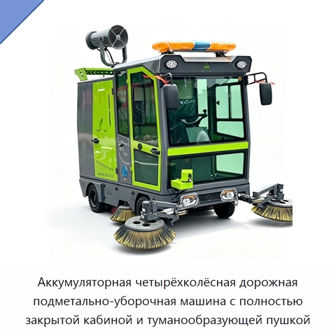 Аккумуляторная четырёхколёсная дорожная подметально-уборочная машина с полностью закрытой кабиной и туманообразующей пушкой