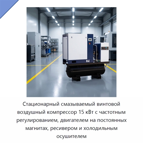 Стационарный смазываемый винтовой воздушный компрессор 15 кВт с частотным регулированием, двигателем на постоянных магнитах, ресивером и холодильным осушителем