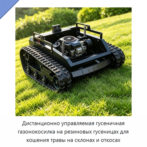 Дистанционно управляемая гусеничная газонокосилка на резиновых гусеницах для кошения травы на склонах и откосах