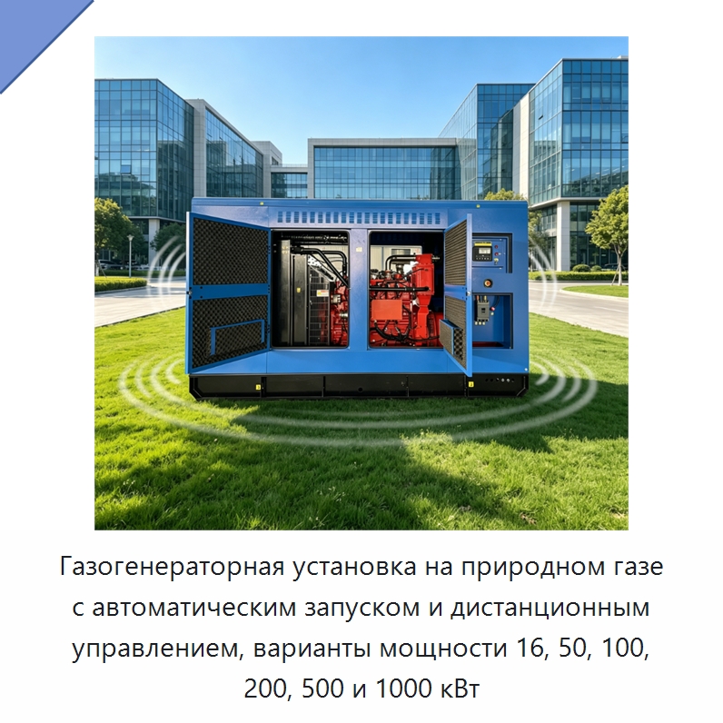 Газогенераторная установка на природном газе с автоматическим запуском и дистанционным управлением, варианты мощности 16, 50, 100, 200, 500 и 1000 кВт — Дизельные генераторы