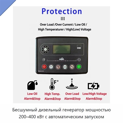 Бесшумный дизельный генератор мощностью 200–400 кВт с автоматическим запуском