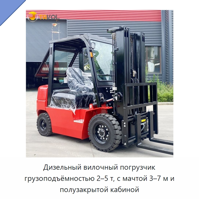 Дизельный вилочный погрузчик грузоподъёмностью 2–5 т, с мачтой 3–7 м и полузакрытой кабиной — Вилочные погрузчики