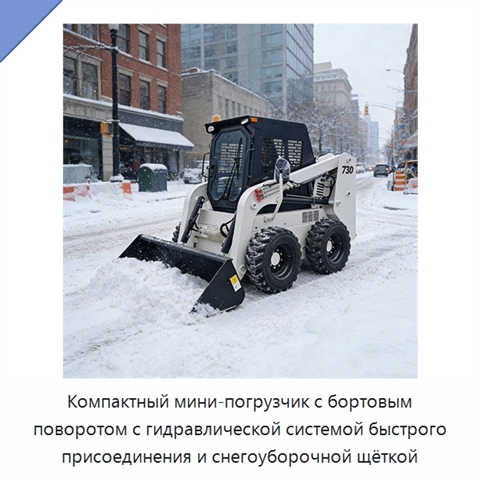 Компактный мини-погрузчик с бортовым поворотом с гидравлической системой быстрого присоединения и снегоуборочной щёткой