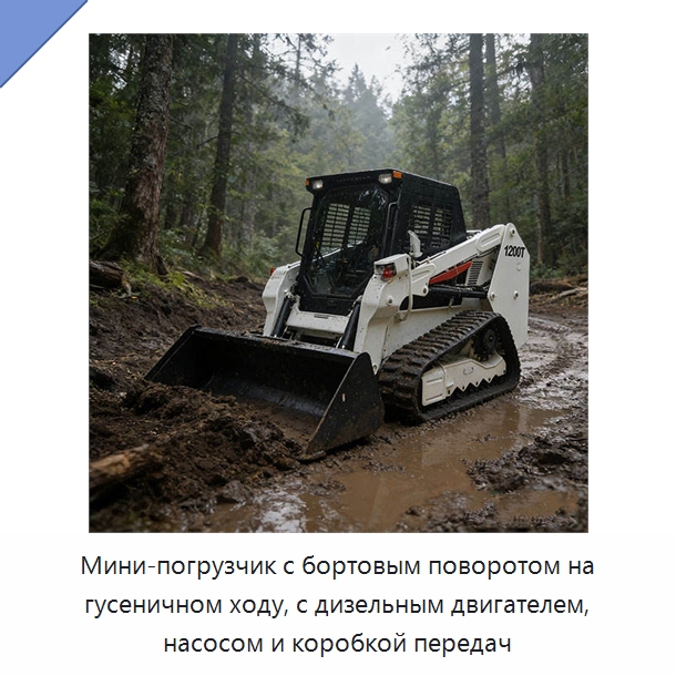 Мини-погрузчик с бортовым поворотом на гусеничном ходу, с дизельным двигателем, насосом и коробкой передач — Землеройная техника